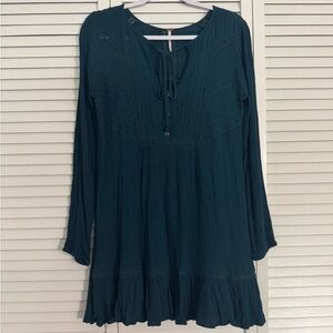 Free People Teal Long Sleeve Tunic Dress Casual Dress Loose Fit Boho Chic Sz S